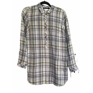 J Jill Love Linen Top Plaid Pullover Tunic‎ Roll Tab Sleeve Pockets Womens Small
